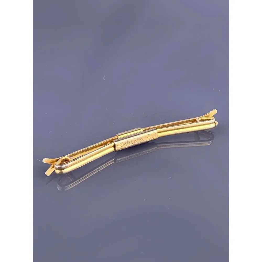 Y Wishbone Ends Gold Plated Tie Collar Bar Formal Simple Swank 2” Vintage